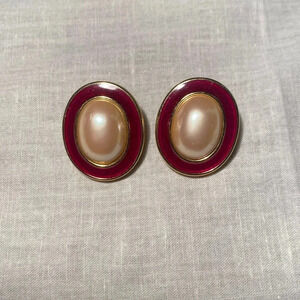 Vintage Monet Clip on Earrings with oval Faux pearl and red enamel.